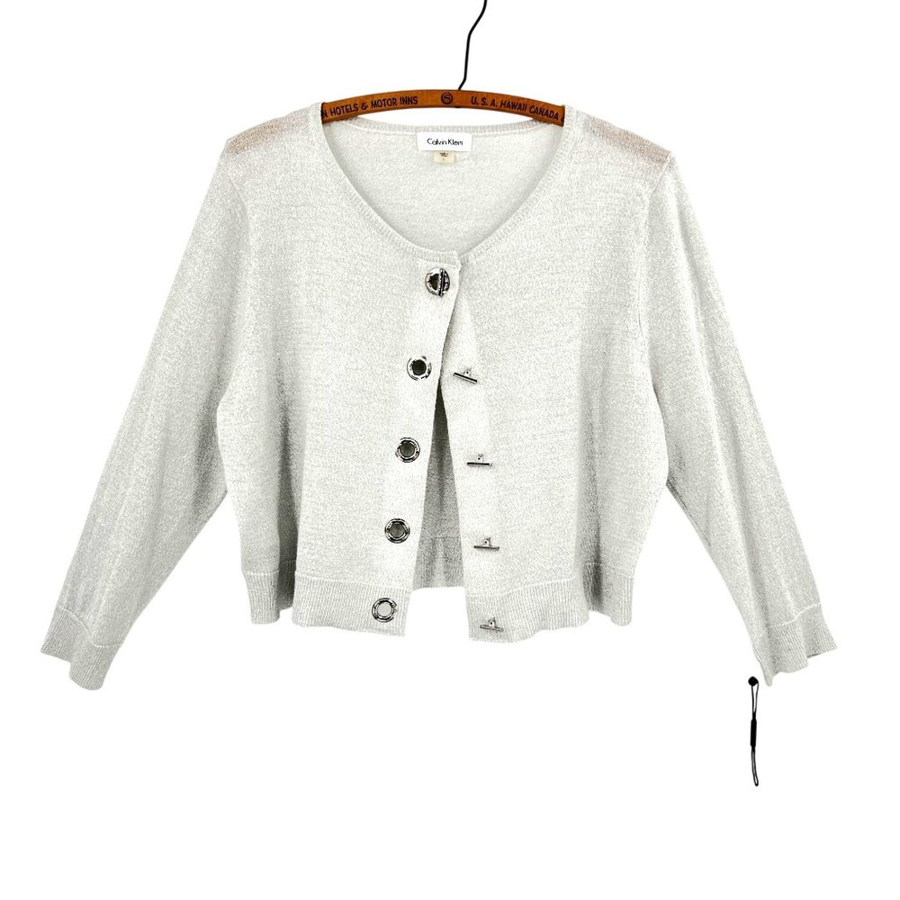 Metallic Cropped Sweater Large Calvin Klein Silver Knit Cardigan Toggle Buttons - Picture 4 of 7